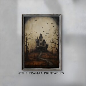 Pintura de Halloween con arte mural de casa embrujada, impresión artística de mansión gótica espeluznante, decoración de academia oscura, póster rústico vintage, descarga digital HW97