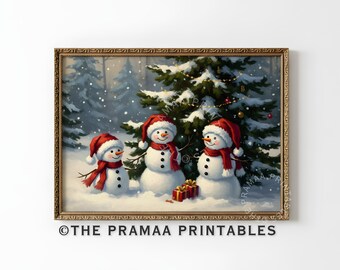 Vintage sneeuwpop print kerst kunst aan de muur, AFDRUKBARE sneeuwpop familie schilderij besneeuwde winter vakantie decor digitale download CW04