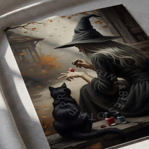 Transform your space with this enchanting Halloween art print featuring a witch painting her nails beside a black cat. Set in a moody autumn countryside with falling leaves, this artwork blends vintage charm with dark academia and witchcore aesthetics. Perfect for rustic farmhouse Halloween decor, cozy cottagecore homes, or anyone who loves eerie, spooky vibes. Instantly downloadable, this digital print brings a unique balance of mystery, magic, and seasonal atmosphere to your fall decorations.
