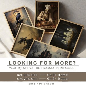 May include: A collection of framed art prints with a Halloween theme. The prints feature images of a raven on a lamp post, a skeleton chef, a witch, ghosts, and a haunted house. The prints are displayed with a light wood frame.