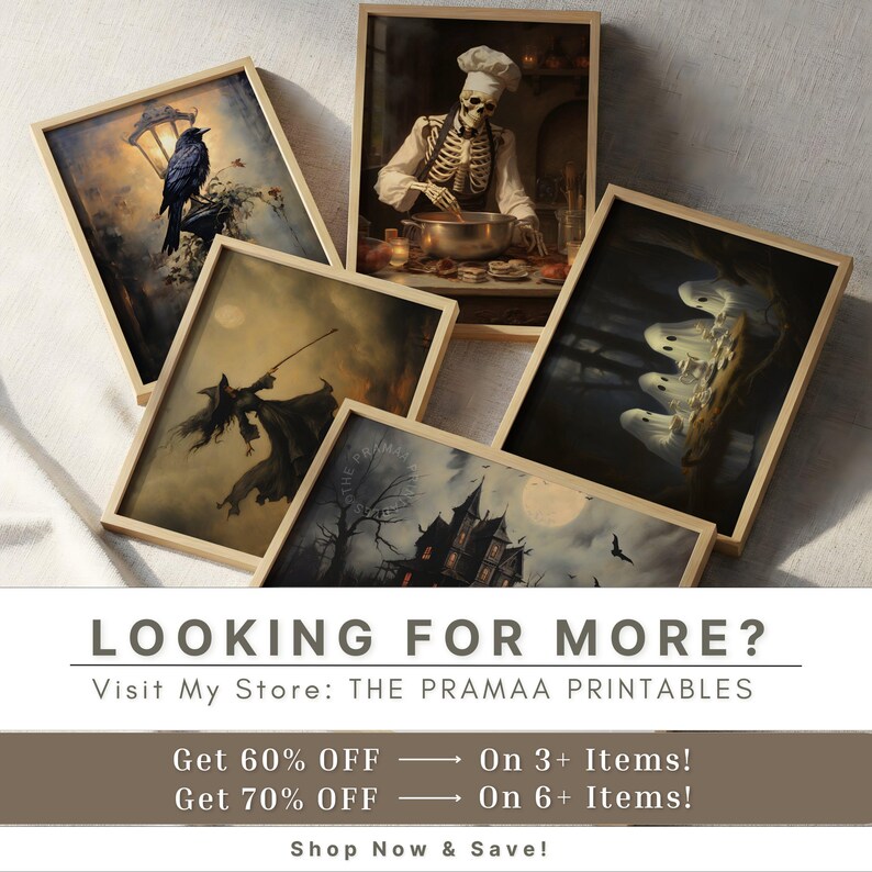 May include: A collection of framed art prints with a Halloween theme. The prints feature images of a raven on a lamp post, a skeleton chef, a witch, ghosts, and a haunted house. The prints are displayed with a light wood frame.