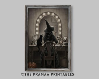 Witch Vanity Halloween Painting, Vintage Witchy Wall Art Spooky Dark Academia Art Print Gothic Haunted Room Decor Digital Download HW191
