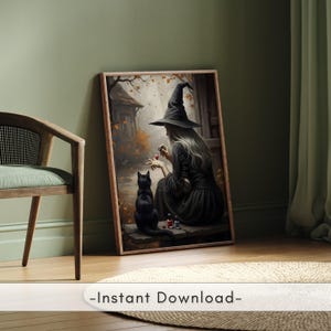 Transform your space with this enchanting Halloween art print featuring a witch painting her nails beside a black cat. Set in a moody autumn countryside with falling leaves, this artwork blends vintage charm with dark academia and witchcore aesthetics. Perfect for rustic farmhouse Halloween decor, cozy cottagecore homes, or anyone who loves eerie, spooky vibes. Instantly downloadable, this digital print brings a unique balance of mystery, magic, and seasonal atmosphere to your fall decorations.