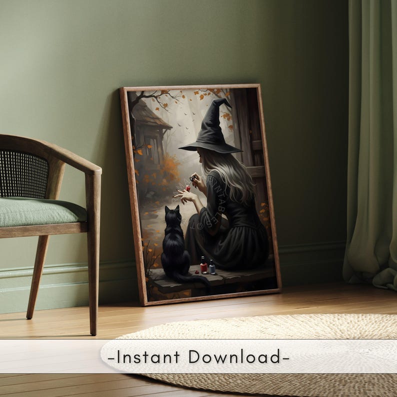 Transform your space with this enchanting Halloween art print featuring a witch painting her nails beside a black cat. Set in a moody autumn countryside with falling leaves, this artwork blends vintage charm with dark academia and witchcore aesthetics. Perfect for rustic farmhouse Halloween decor, cozy cottagecore homes, or anyone who loves eerie, spooky vibes. Instantly downloadable, this digital print brings a unique balance of mystery, magic, and seasonal atmosphere to your fall decorations.