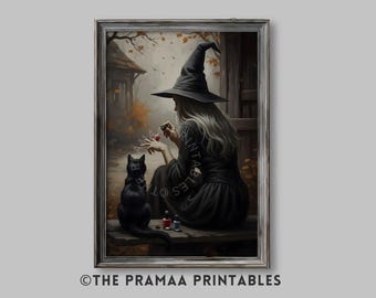 Witch Halloween Art Print, Witch Painting Nails Vintage Fall Wall Art Witchy Black Cat Print Dark Cottagecore Decor Digital Download HW203