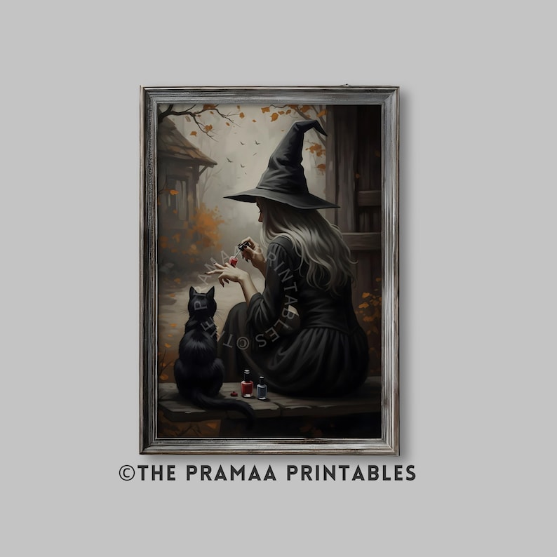 Transform your space with this enchanting Halloween art print featuring a witch painting her nails beside a black cat. Set in a moody autumn countryside with falling leaves, this artwork blends vintage charm with dark academia and witchcore aesthetics. Perfect for rustic farmhouse Halloween decor, cozy cottagecore homes, or anyone who loves eerie, spooky vibes. Instantly downloadable, this digital print brings a unique balance of mystery, magic, and seasonal atmosphere to your fall decorations.