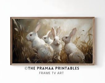 Rabbit Easter Frame TV Art, Neutral Spring Bunny Painting Vintage Woodland Animal Nursery Decor Digital Download EF01