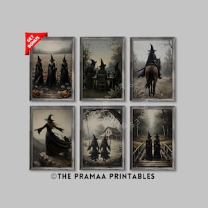 May include: Six framed art prints featuring witches in various scenes. The prints depict witches in black robes and pointed hats, set in autumnal landscapes with pumpkins, a horse, and a bridge. The prints have a vintage, painterly style.