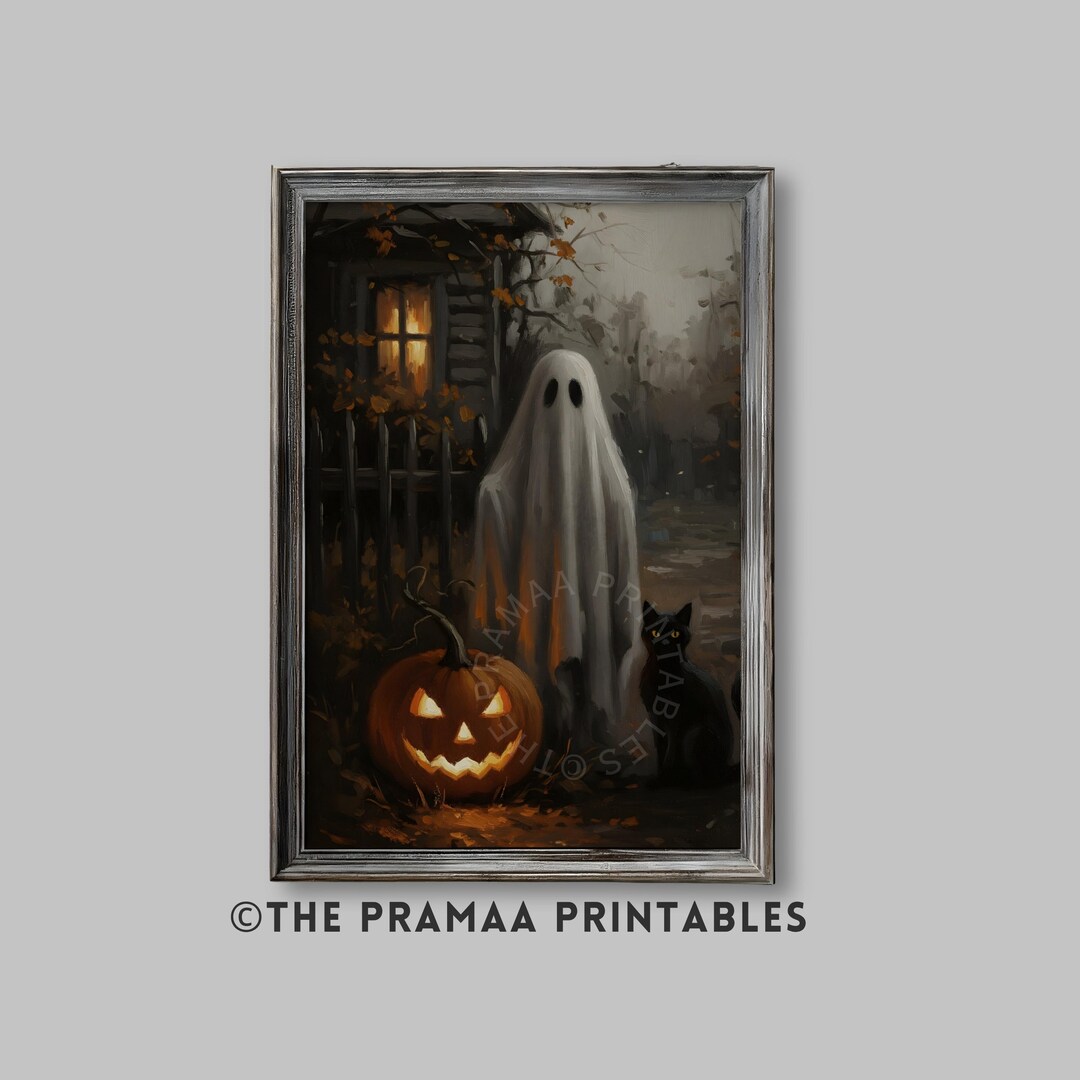 PRINTABLE Vintage Halloween Wall Art, Ghost & Black Cat Oil Painting ...