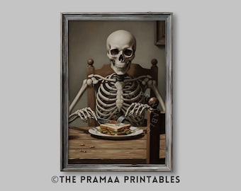 Skeleton Dining Halloween Wall Art, Funny Skeleton Eating Sandwich Painting Gothic Kitchen Decor Vintage Spooky Print Digital Download HW168