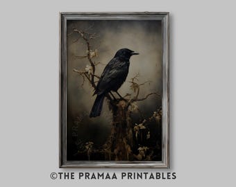 May include: A framed print featuring a black crow perched on a branch. The artwork has a vintage aesthetic with a muted color palette. The crow is the focal point, set against a backdrop of a tree and a soft, blurred background. The text "© THE PRAMAA PRINTABLES" is at the bottom.