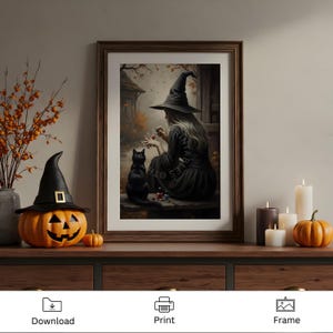 Transform your space with this enchanting Halloween art print featuring a witch painting her nails beside a black cat. Set in a moody autumn countryside with falling leaves, this artwork blends vintage charm with dark academia and witchcore aesthetics. Perfect for rustic farmhouse Halloween decor, cozy cottagecore homes, or anyone who loves eerie, spooky vibes. Instantly downloadable, this digital print brings a unique balance of mystery, magic, and seasonal atmosphere to your fall decorations.