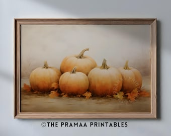 Autumn Pumpkin Wall Art Neutral Fall Wall Decor, Vintage Pumpkin Art Print Rustic Harvest Painting Thanksgiving Print Digital Download AW05