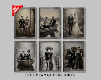 Skeleton Gallery Wall Set of 6, Romantic Skeleton Couple Painting Vintage Halloween Art Print Moody Gothic Art Digital Download Bundle HW165