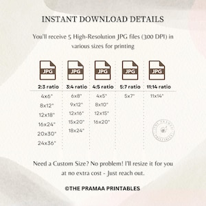 May include: A digital art print details page with the text "INSTANT DOWNLOAD DETAILS". It lists various print sizes in inches, including 4x6, 8x12, 12x18, 16x24, 20x30, and 24x36, with corresponding ratios. The page also mentions high-resolution JPG files.