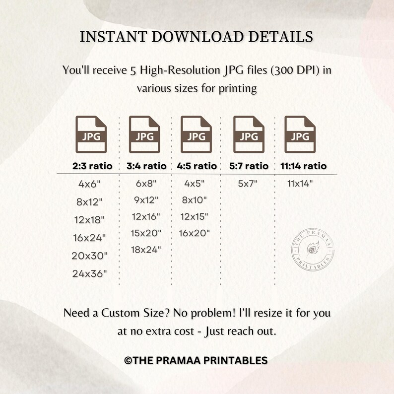 May include: A digital art print details page with the text "INSTANT DOWNLOAD DETAILS". It lists various print sizes in inches, including 4x6, 8x12, 12x18, 16x24, 20x30, and 24x36, with corresponding ratios. The page also mentions high-resolution JPG files.