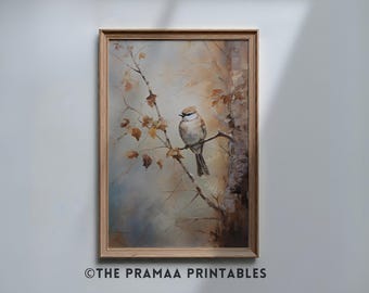 Jesienny ptak malarstwo Vintage jesień wydruk, rustykalny leśny wystrój zwierząt natura wieś sztuka Cottagecore sztuka ścienna cyfrowe pobieranie AW03