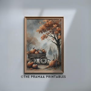 Vintage Fall Pumpkin Cart Painting, rustykalny jesienny sezon zbiorów ścienny sztuka rustykalny domek letniskowy przytulny sezonowy wydruk cyfrowy do pobrania AW18
