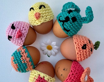 Cute egg cozies CROCHET PATTERN, egg warmer instruction, perfect present for Easter, carrot, bunny, chick, flower, instant download PDF