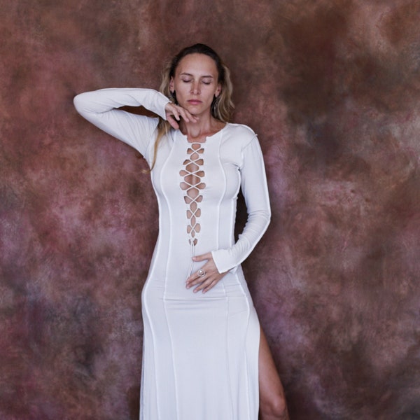 Ivory Second Skin Feminine Dress ~ Long Sleeves Maxi Dress ~ Adjustable Front Laces Dress ~ High Slits V-neckline Dress ~ Bodycon Sexy Dress