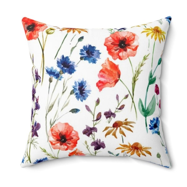 Square Wildflowers Throw Pillow Floral Accent Pillow | Garden Flowers Colorful Euro Sham Spun Polyester Square Pillow
