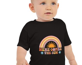 Here Comes the Sun Kids Retro TShirt - Retro Natural Infant, Toddler Baby Jersey Short Sleeve Tee