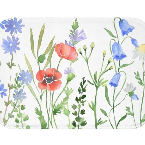 Wildflowers Bath Mat | Colorful Floral Bathroom Décor | White Green Blue Red Yellow | Garden Flowers Aesthetic Microfiber Kitchen Floor Mat