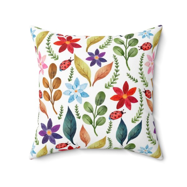 Colorful Wildflowers Square Pillow Cover | Watercolor Accent Throw Pillow | Cozy Boho Floral Home Décor Vibrant Polyester Square Pillow