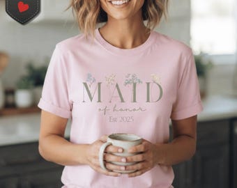 Maid of Honor Floral T-Shirt, Soft Glam Wedding Party Top