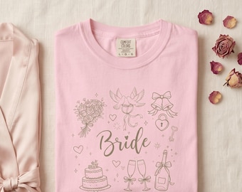 Bride Doodles T-Shirt, Wedding Bouquet Cake Champagne Icons Soft Glam Apparel