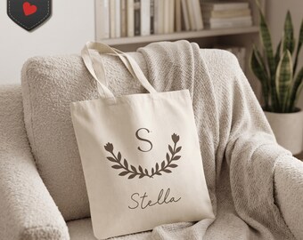 Personalized Monogram S Laurel Wreath Tote Bag, Canvas Accessory, Soft Glam Style