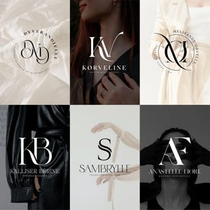 May include: Six different logo designs featuring black and white stylized initials in a circle or square. The logos are set against a variety of backgrounds, including white, black, and beige.