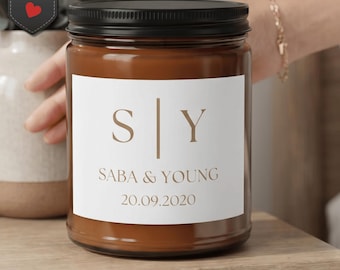 Personalized Monogram Candle Set, Amber Glass Jar, Matches, Wick Trimmer