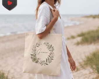Floral Wreath Tote Bag, Botanical Script 'Grace', Cotton Canvas Accessory