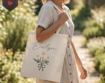 Personalized Dandelion Bouquet Canvas Tote, Custom Name Soft Glam Accessory, Farmhouse Style