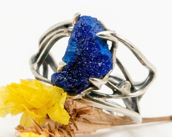 Silver ring with natural azurite crystal, handmade, in one copy