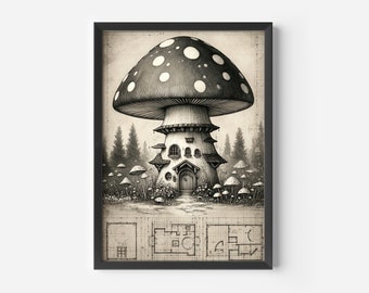 Digital Print, Blue Print Art, Horizontal Wall Art, Mushroom Art, Wall Art, Architecture Print, Poster, Art Print, Large Wall Art, Whimsical