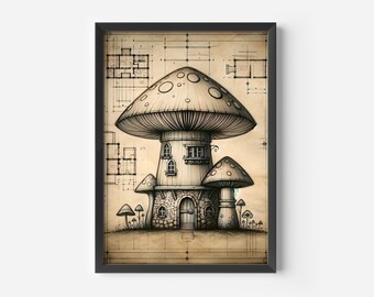 Digital Print, Blue Print Art,  Wall Art, Mushroom Art, Wall Art, Architecture Print, Poster, Art Print, Large Wall Art, Whimsical