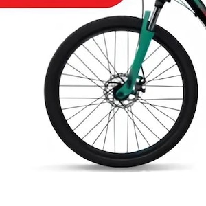 May include: A black and green mountain bike with a green and black saddle and a green handlebar. The bike has a front suspension fork and a rear derailleur. The bike has a small green bag attached to the frame.