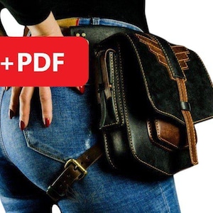 Puede incluir: Bolso de cadera de cuero negro y marrón con cierre de solapa y cinturón ajustable. El bolso presenta detalles en cuero marrón en contraste. La imagen incluye el texto "+PDF" en un recuadro rojo.