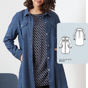 May include: A woman wearing a long denim shirt over a patterned top. The denim shirt has a button-down front, two chest pockets, and long sleeves. A diagram of the shirt is in the corner. The shirt is a plus size.