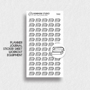 May include: A sheet of planner stickers featuring a stack of books. The sheet is white with black outlines of the books. The text "Planner Journal Sticker Sheet Workout Equipment" is printed on the left side of the sheet. The text "HUNIMUNI STUDIO mini icons | book stack T002" is printed in the top right corner of the sheet.