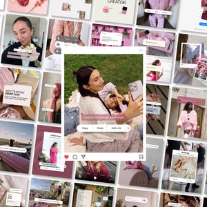 May include: A collage of images with a pink and white theme. The images include a woman holding flowers, a person taking a selfie, and various product shots. Text includes "MINI TRAINING DROP NOW" and "comfort will always be in style."