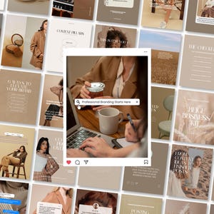 May include: A collection of social media templates and lifestyle images in a neutral color palette. The central image shows a person working on a laptop with a mug and a jar. Text in the image reads "Professional Branding Starts Here".