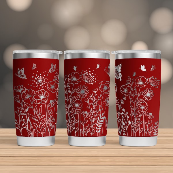 20 oz Laser Tumbler Wrap, 20oz Tumbler Laser, 20 oz Engraving Wrap, 20oz Laser File, 20 oz Engraved Tumbler, Butterfly with Wild Flower SVG