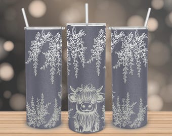 Wisteria Flower 20oz Skinny Tumbler SVG, Highland Cow Skinny 20 oz Tumbler Laser, Floral Engraving Wrap SVG, 20 oz Laser Tumbler Wrap