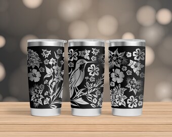 Hibiscus 20oz Laser Tumbler, Hibiscus with Bird Laser File, 20 oz Tumbler Laser, Engraving Wrap, 20 oz Laser, Engraved SVG
