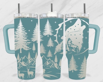 Mountain 40oz Tumbler Laser File, Howling of the Wolf 40 oz Tumbler Laser SVG, Pine Tree Engraving Wrap, Mountain Scene 40oz Laser SVG