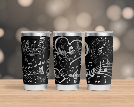 Music Heart 20Oz Tumbler SVG, Floral Heart with Butterfly 20Oz Tumbler Laser, Music Notes Engraving Wrap, 20Oz Laser Tumbler Wrap