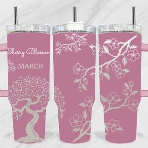 桜 40 オンス タンブラー SVG、誕生月の花 40 オンス クエンチャー レーザー ファイル、3 月の月刻印ラップ、花 40 オンス レーザー刻印